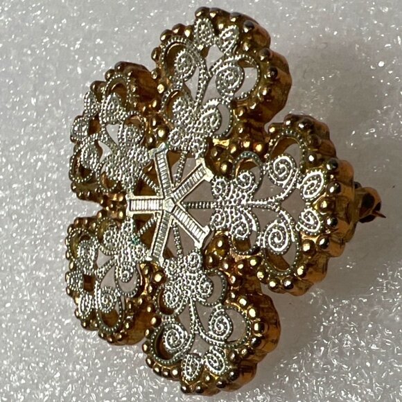 Vtg Mid-Century Filigree Snowflake Brooch Pin Silver-Tone and Brassy-Gold Marked - Picture 4 of 10